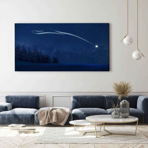 Guiding Lights - North Star on Canvas Prints. This captivating canvas print depicts the serene night sky adorned with stars, anchored by the brilliant North Star. The coniferous forest adds a touch of mystique, making it a perfect decor piece for those who appreciate the beauty of nature and the magic of the night.