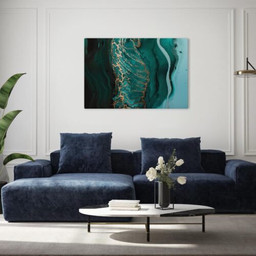 Dive into the mesmerizing allure of 'Emerald Waves'. This acrylic fluid art on canvas print captures the essence of an abstract ocean, where dark green waves gracefully intertwine with golden foamy crests. The dynamic movement and rich hues create a captivating visual experience.