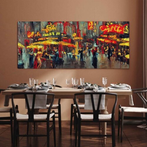 Cabaret Reverie - Canvas Prints. Reproduction of an original oil painting titled 'Cabaret Reverie,' featuring a vibrant and lively cabaret scene. The canvas wall art print showcases colorful and expressive details of performers and the cabaret atmosphere.