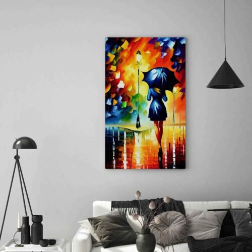 Elegance Stroll Canvas Art Prints - Woman with Umbrella in Park, Palette Knife Style Fashion Art Print. This captivating canvas print features a woman gracefully adorned with an umbrella in the park, presented in a palette knife oil style. The vibrant, large brush strokes and trendy fashion print create a stunning visual impact, making it an ideal piece for adding flair to your space.