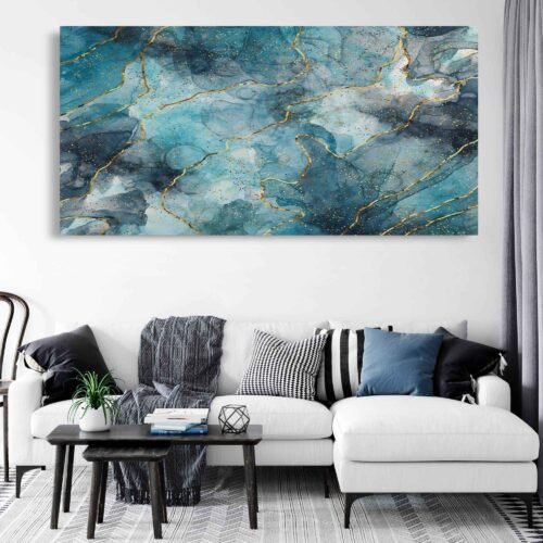 Abstract canvas art featuring light blue and gold tones, ideal for stylish home decor. The painting includes elegant swirls and shapes, perfect for adding a sophisticated touch to a living room or bedroom wall.
