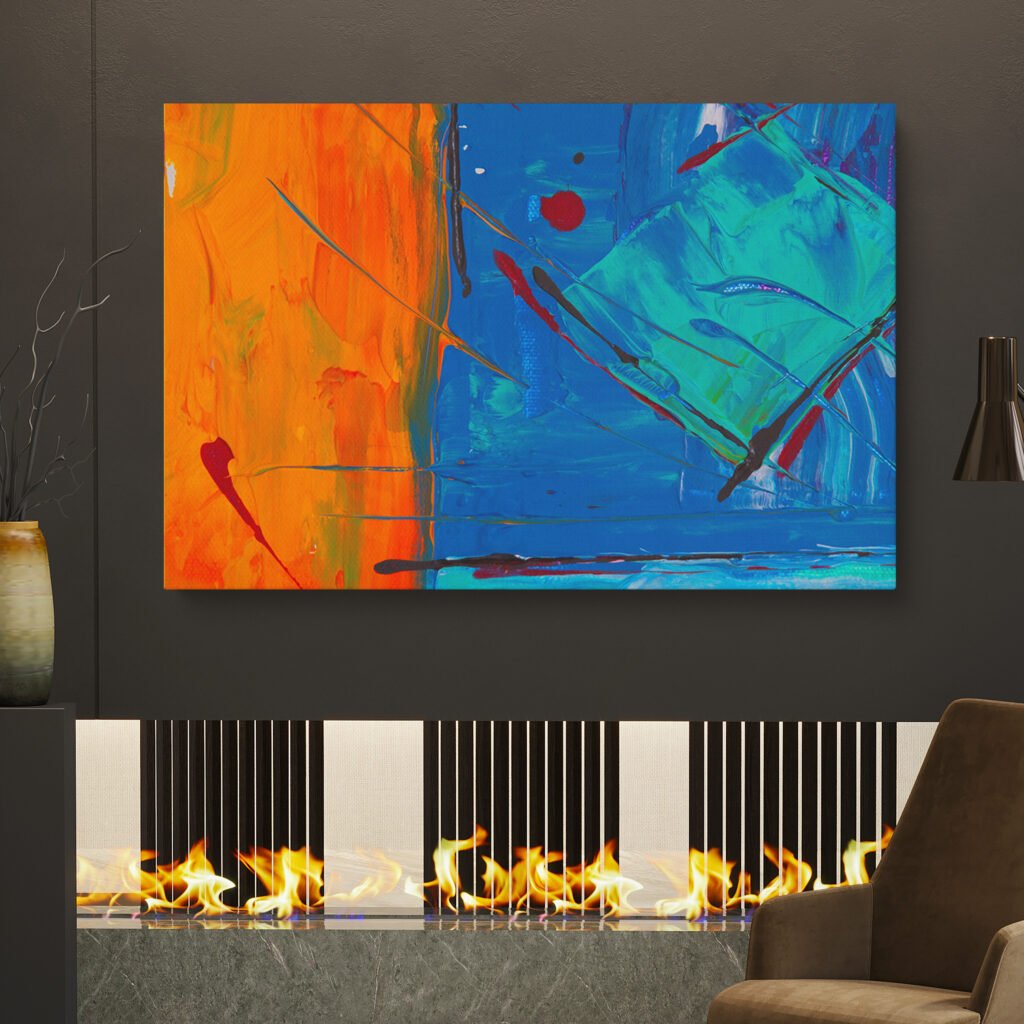 Vibrant Orange & Blue - Abstract Art. Abstract wall art print featuring a striking combination of orange and blue colors. Part of a famous art collection, the artwork showcases bold and eye-catching designs.
