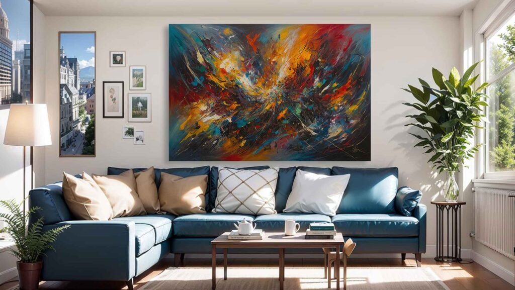 Oil Paint Splatter - Abstract Art. Colorful abstract paint splatter oil painting on canvas art, ideal for bedroom or living room wall decor. The artwork features vibrant splashes and strokes in various colors, creating a dynamic and modern visual effect.