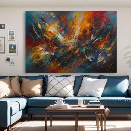 Oil Paint Splatter - Abstract Art. Colorful abstract paint splatter oil painting on canvas art, ideal for bedroom or living room wall decor. The artwork features vibrant splashes and strokes in various colors, creating a dynamic and modern visual effect.