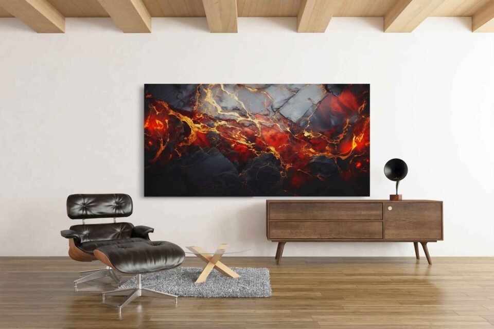 Striking Red and Black Canvas Art - Bold Home Decor for Modern Living Rooms. Elevate your space with this stunning large abstract print featuring rich red and black marble textures. Framed and ready to hang, it adds an elegant, dramatic touch to any room’s decor.