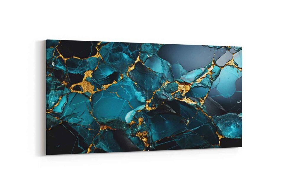 Teal Blue and Gold Abstract Wall Art - Image 2