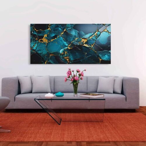 Teal Blue and Gold Abstract Wall Art - Large Framed Canvas for Chic Bedrooms and Living Rooms. Add a touch of elegance with this bold teal blue and gold abstract wall art. Framed and ready to hang, it’s perfect for chic bedrooms or living rooms, blending modern style with vibrant colors to elevate any space.