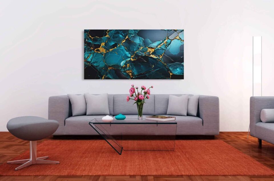 Teal Blue and Gold Abstract Wall Art - Large Framed Canvas for Chic Bedrooms and Living Rooms. Add a touch of elegance with this bold teal blue and gold abstract wall art. Framed and ready to hang, it’s perfect for chic bedrooms or living rooms, blending modern style with vibrant colors to elevate any space.