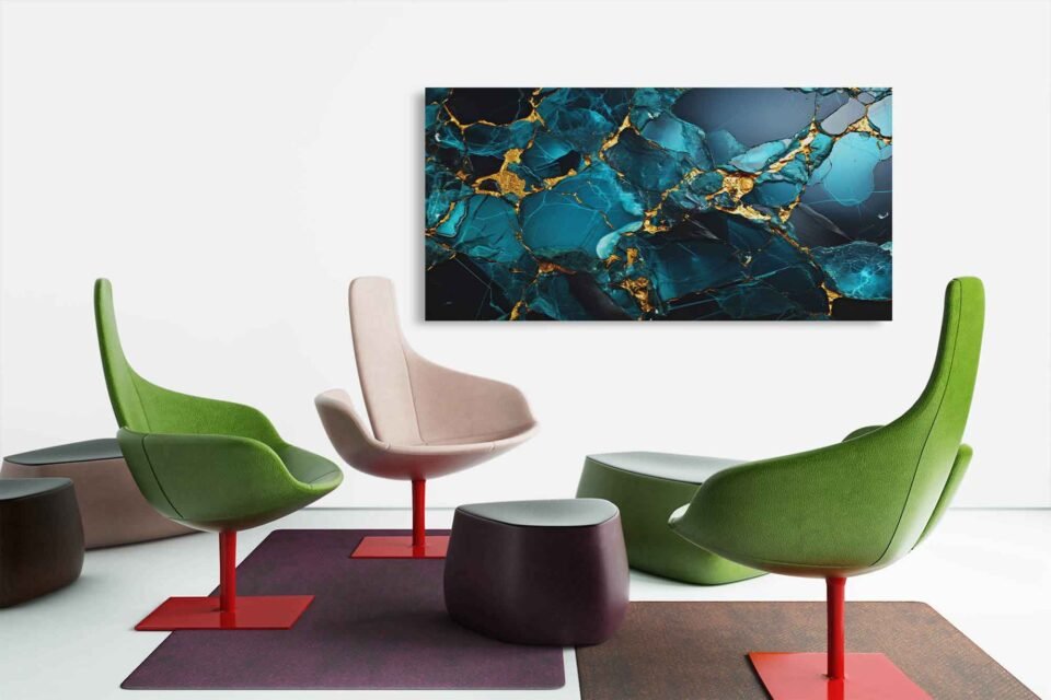 Teal Blue and Gold Abstract Wall Art - Image 4