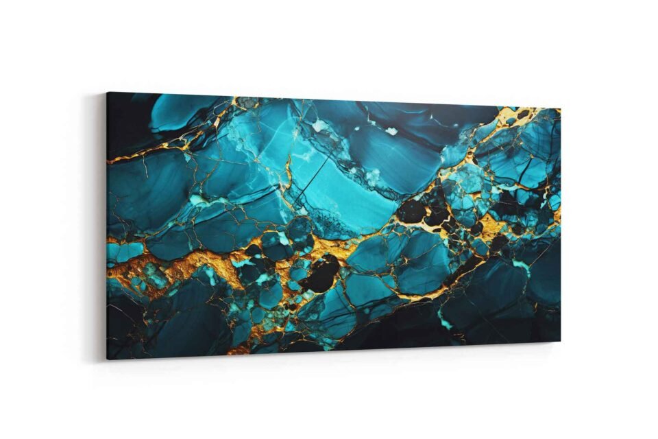 Teal Blue-Gold Marble Abstract Art - Image 3