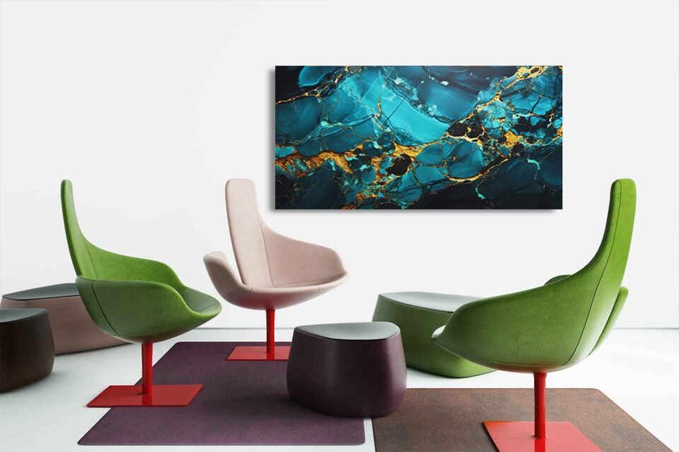 Teal Blue-Gold Marble Abstract Art - Image 2