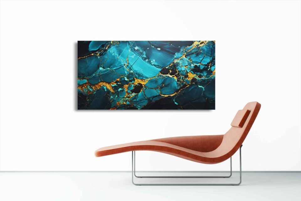 Teal Blue-Gold Marble Abstract Art - Image 4