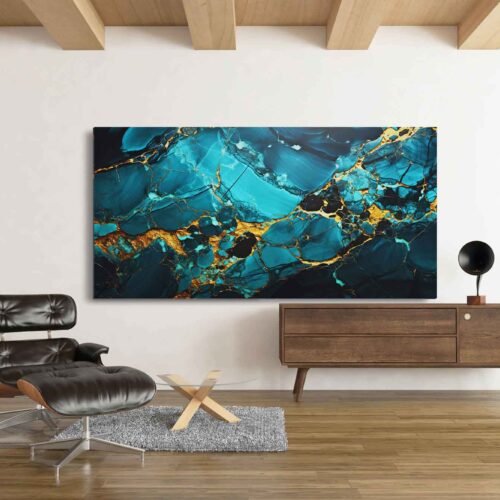 Teal Blue-Gold Marble Abstract Art – Oversized Wall Art Decor for Stylish Spaces. Elevate any room with this oversized teal blue and gold marble abstract art. Perfect for stylish spaces, it adds a touch of luxury and modern flair to living rooms or bedrooms with its captivating colour blend.