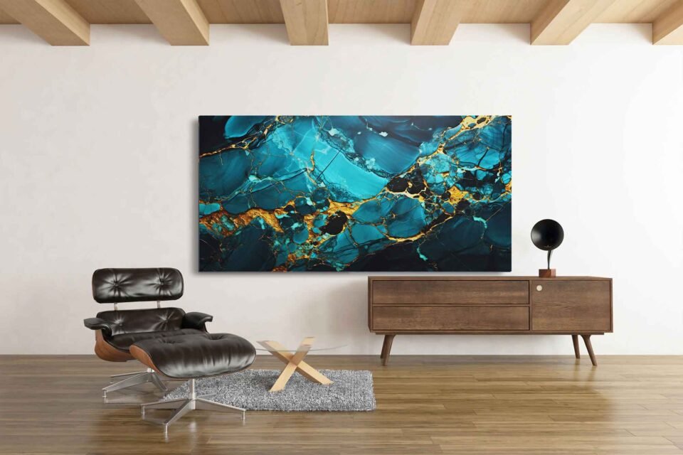 Teal Blue-Gold Marble Abstract Art – Oversized Wall Art Decor for Stylish Spaces. Elevate any room with this oversized teal blue and gold marble abstract art. Perfect for stylish spaces, it adds a touch of luxury and modern flair to living rooms or bedrooms with its captivating colour blend.