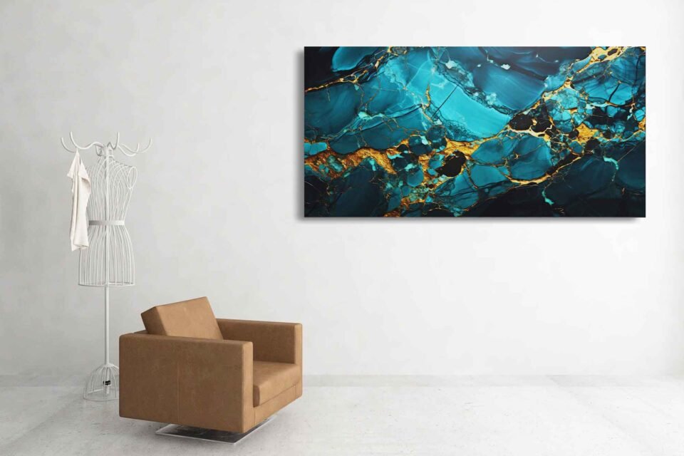 Teal Blue-Gold Marble Abstract Art - Image 6