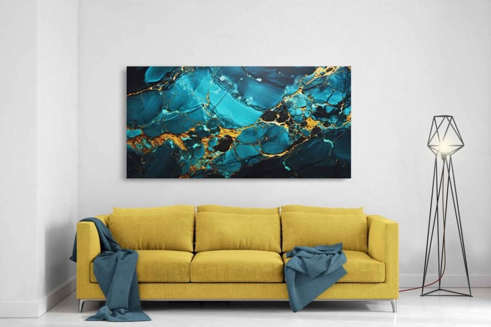 Teal Blue-Gold Marble Abstract Art - Image 7