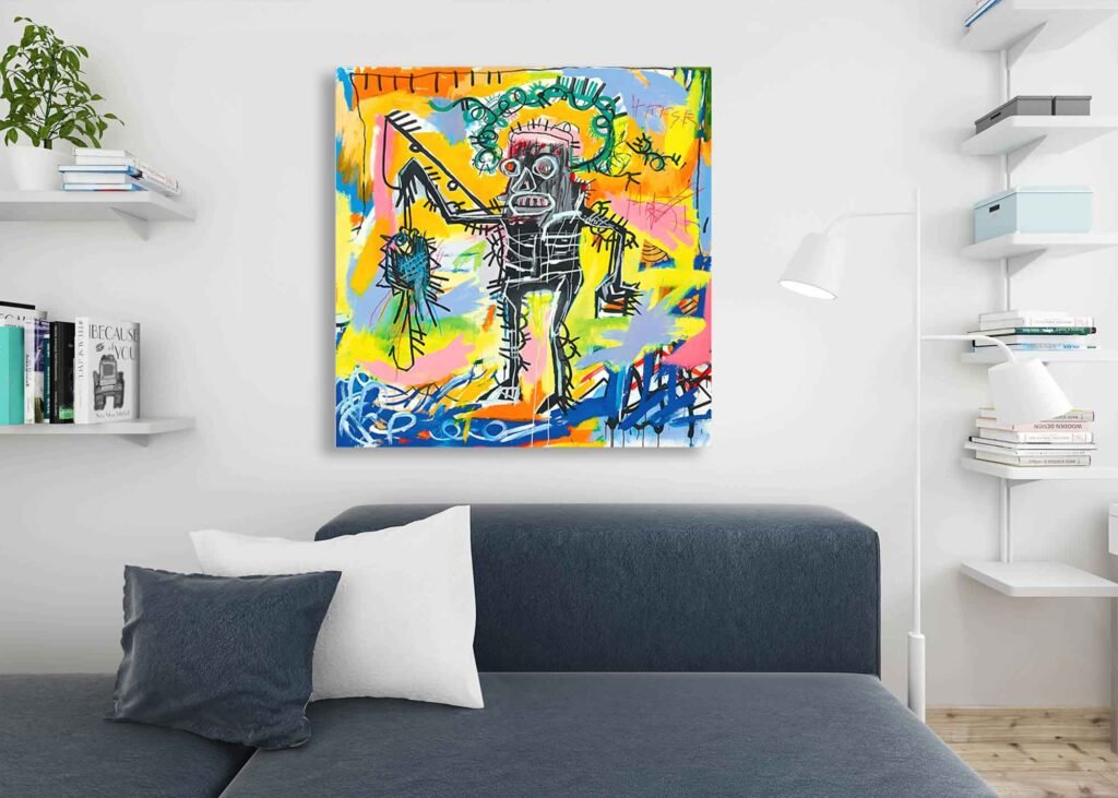 Modern Fishing Canvas Art - Artwork by Jean Michel Basquiat - Vibrant Wall Decor, Abstract Pop Art Prints. Enhance your space with *Modern Fishing Canvas Art* by Jean-Michel Basquiat. This vibrant abstract pop art print brings dynamic energy and bold color, making it a striking choice for living room or bedroom wall decor.