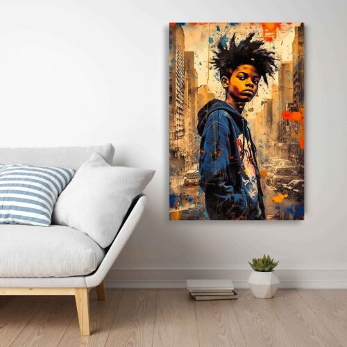 Vibrant African Boy Portrait - Urban African Art for Any Room. Bring life to your walls with the ''Vibrant African Boy Portrait''. This urban African art print showcases bold colours and dynamic style, perfect for adding cultural flair and energy to your living room, bedroom, or any space.