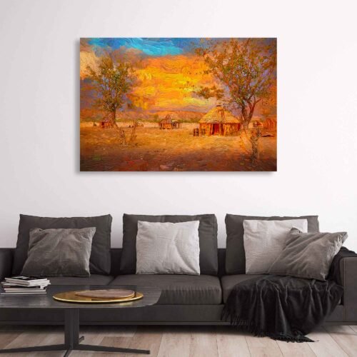 Golden Twilight in Himba Village – African Art - Tribal Life on Canvas Wall Art Print Experience the warmth of Golden Twilight in Himba Village with this stunning canvas wall art. Featuring an oil painting reproduction of a traditional Himba hut bathed in evening light, this piece captures the beauty of African tribal life and culture.